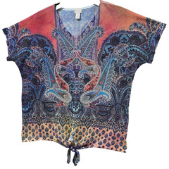 Chico’s Paisley Print Tie Front Blouse Size 2 US Large Boho Resort Dolman Top