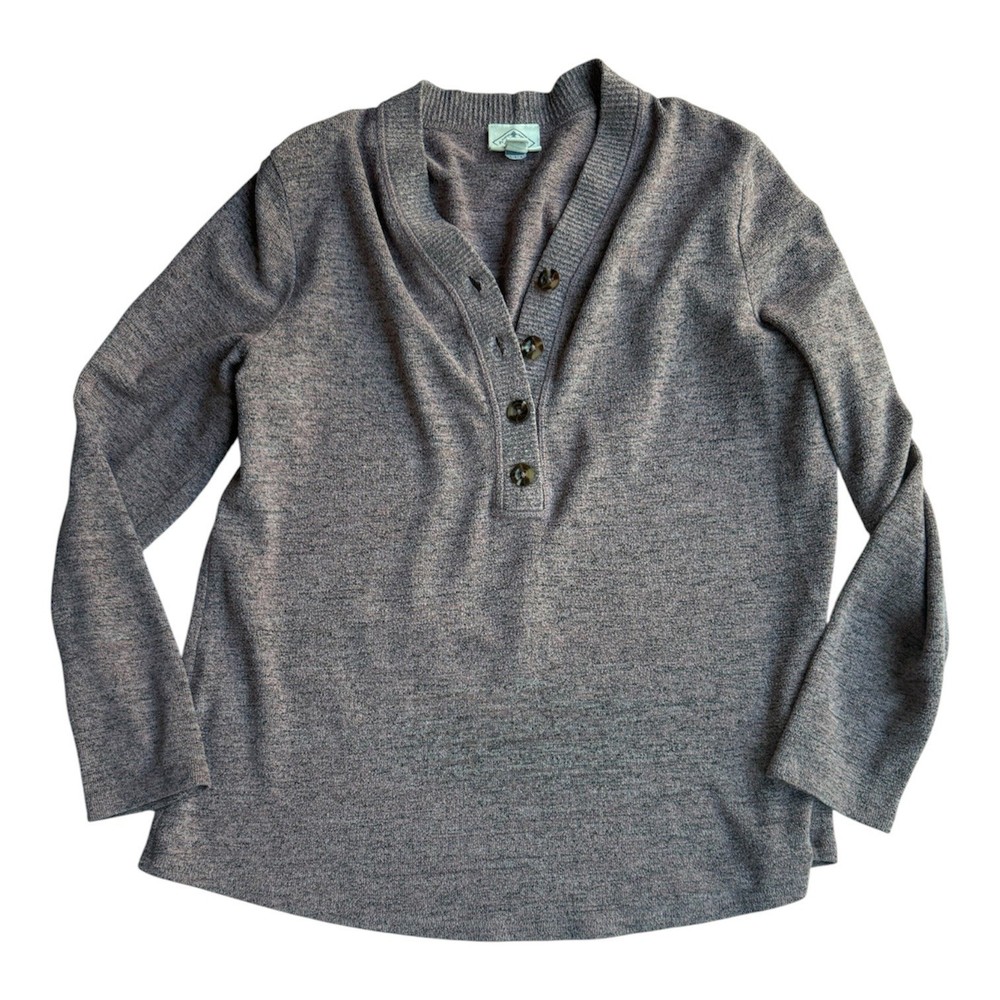 St Johns Bay Womens Purple Heathered Henley Long Sleeve Knit Top Size L
