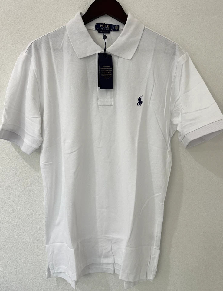 Ralph Lauren Men’s Slim Fit Custom Polo Shirt, White, Short Sleeve, Mesh, Brand