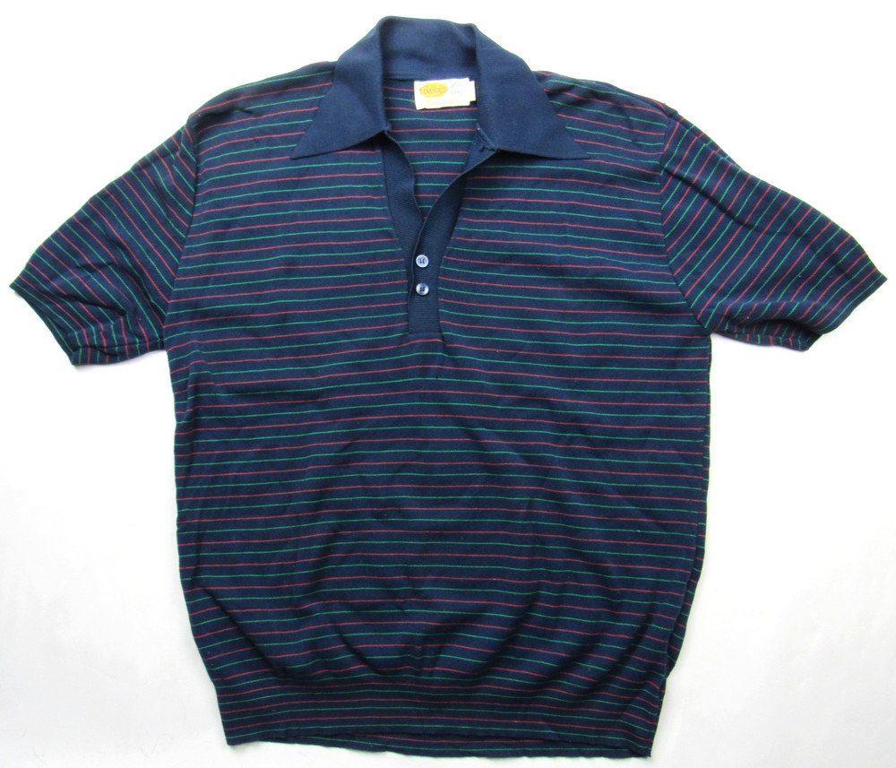 Vtg 60s 70s Striped Banlon Shirt Mens Stretch Knit Nylon Poly Disco MCM SS