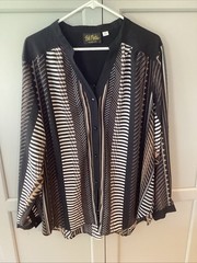 Bob Mackie Wearable Art Poly Long Sleeve Semi Sheer Button Geo Blouse 3X