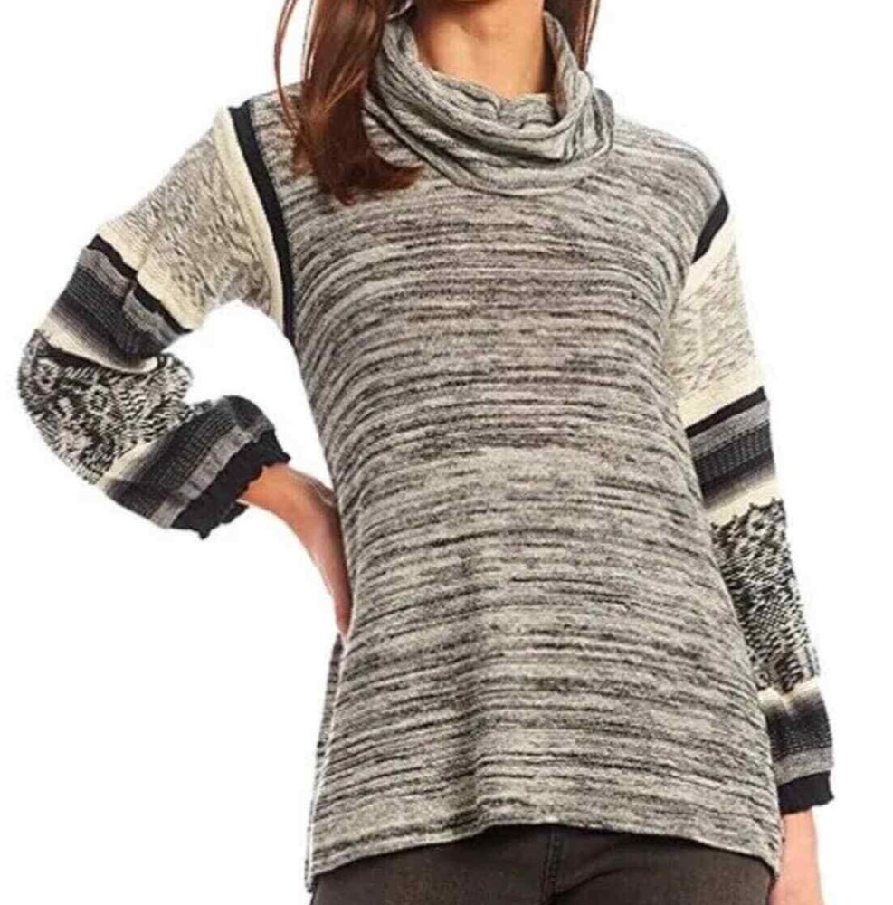 NWT John Mark Heather Gray/Black/Ivory MARL Cowl Sweater L MULTI-PATTERN SLEEVES