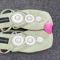 Anna Trzebiński NWOT Green Suede Beaded Nairobi Sandals EU 37 NARROW US 6.5, 7 N