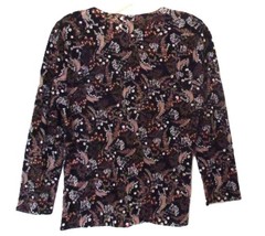 Garnet Hill Signature Eco Merino Cardigan Sweater Black Fern Floral Print Small