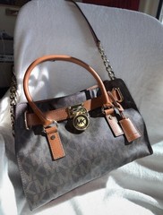 Michael Kors Brown/Gray Monogram Satchel Top Handle Chain Strap Key Detachable