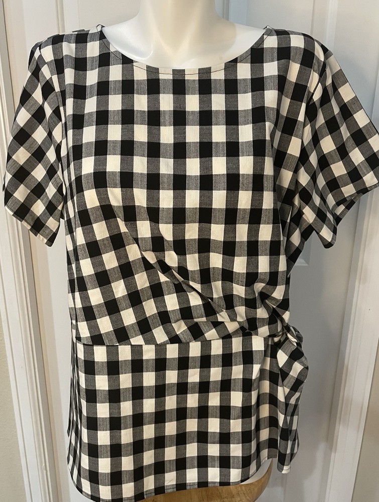 Liz Claiborne Womens Size 16 Top Black White Gingham Short Sleeves Ties Front