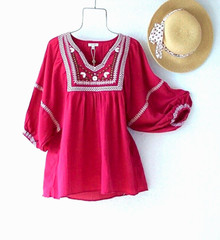 New~$98~Cherry Red & White Embroidered Peasant Blouse Shirt Boho Top~Size XL