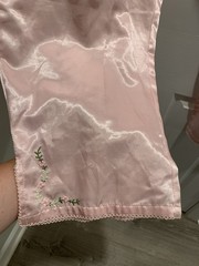 Vtg Kathryn 2 Pc Satin Pajama Set Sz L Pink Sissy Lounge floral embroidery