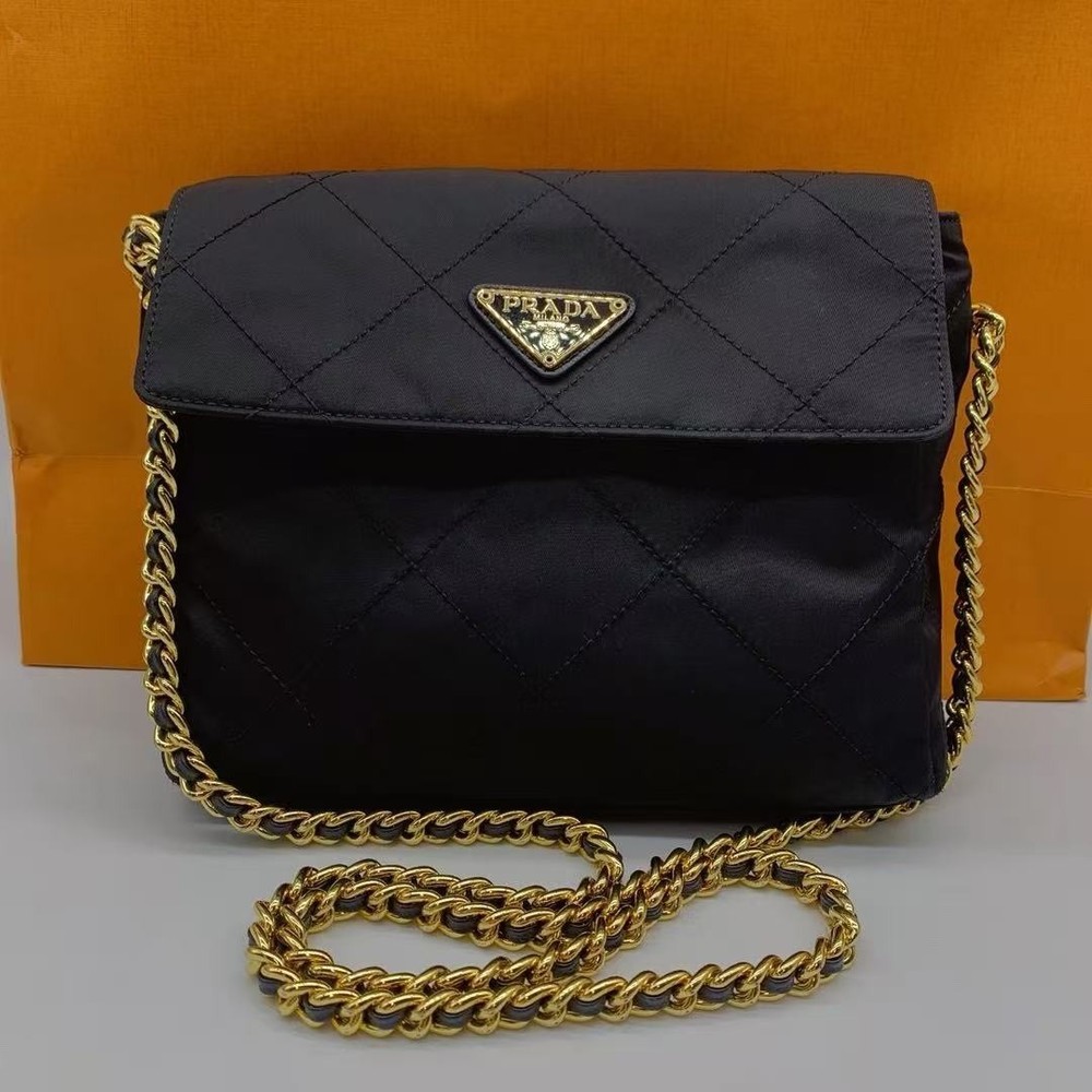 Prada Tessuto Impuntu Black Small Nylon Quilted Chain Crossbody Shoulder Bag