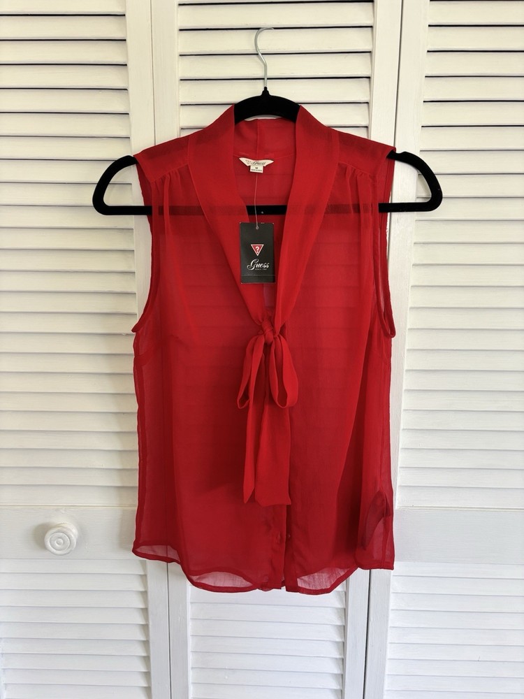 Y2K Retro Red GUESS Women’s Blouse Size M NWT Street style Chic Lux sheer