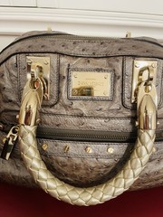 Versace Ostrich Quilted Satchel Top Handle, Braided Handles, Zip, Gold Hardware