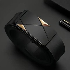Men’s Automatic Buckle Belt Luxury Black Leather Ratchet Waist Belt Gift
