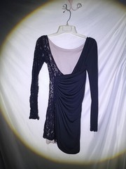 B.loom Black Beige Floral Lace Sheer Ruched V-Neck Long Sleeve Mini Dress S