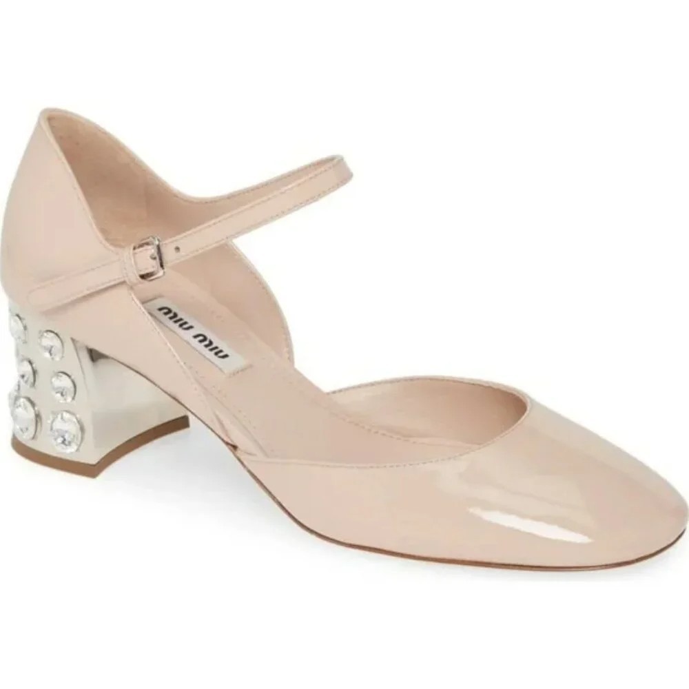 Miu Miu Beige/Nude Patent Leather Embellished Crystal Heels Size EU 41/US 11