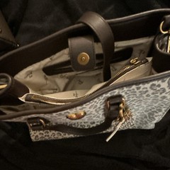 Gray Black Leopard Satchel Top Handle Bag Zip Closure Detachable Strap Charm