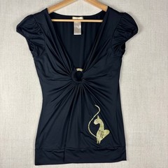 Baby Phat Y2K Rhinestone Gold Keyhole Ring Detail Stretch Blouse XL