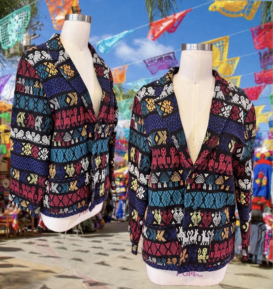 Vintage 70s Guatemalan Handwoven Jacket Men’s M Folk Art Chore Coat Maya Textile