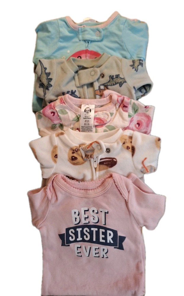 Newborn Sleepers Lot of 5 Roses Best Sister Ever Dinosaurs Rainbows Cookies