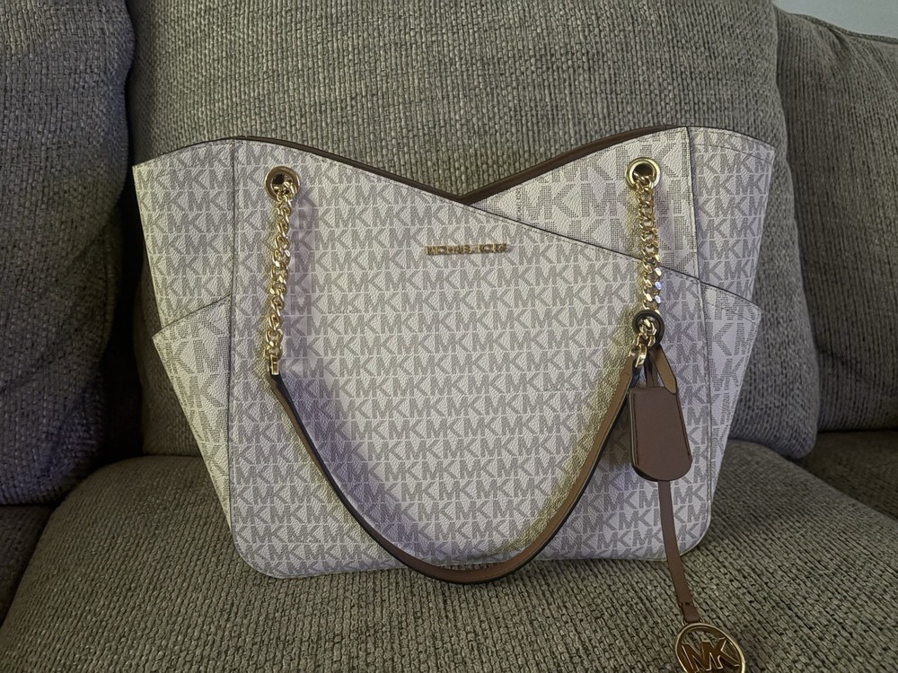 Michael Kors Jet Set Chain Shoulder Tote Vanilla MK Signature Handbag NWOT